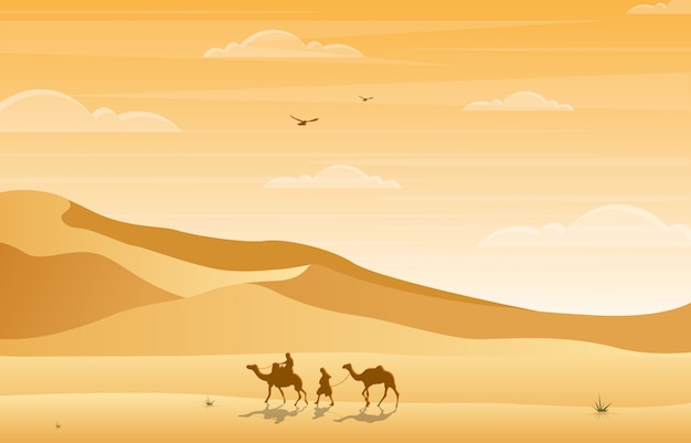 ラクダライダー交差砂漠の丘のアラビアの風景イラスト プレミアム