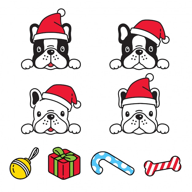 犬フレンチブルドッグクリスマスサンタクロースの帽子漫画イラスト プレミアムベクター