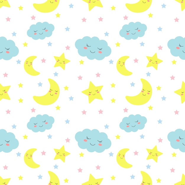 シームレスパターン星 月と雲 かわいい壁紙赤ちゃんかわいいパステル