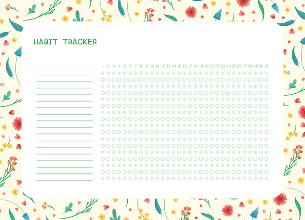 月フラットテンプレートの習慣トラッカー 春の野の花をテーマにした 飾り枠の付いた空白の手帳 様式化されたレタリングと夏のシーズン花柄ボーダー 無料のベクター