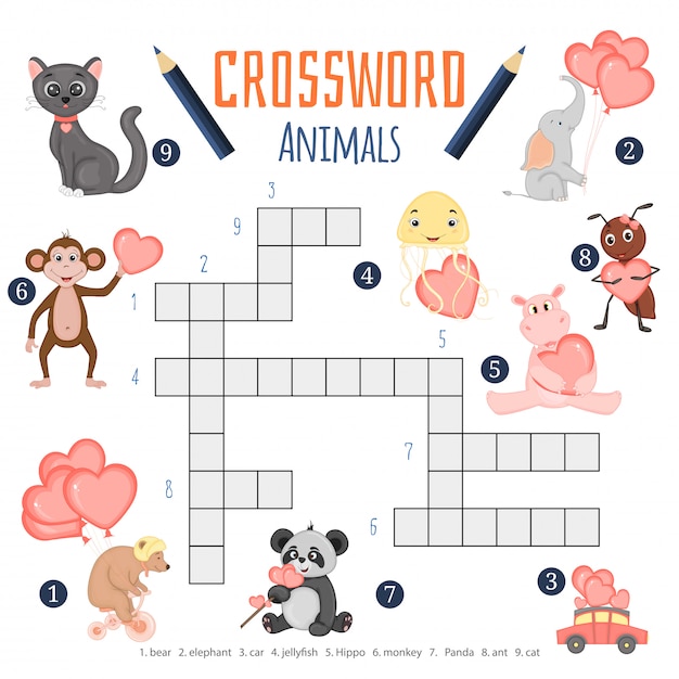 ベクトル色クロスワード 動物についての子供のための教育ゲーム