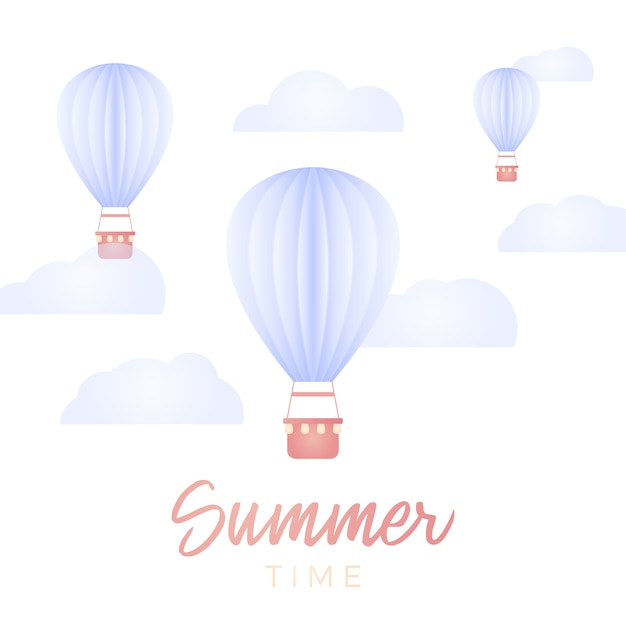 夏のタイムカード ペーパーアートデザインのデザイン要素とイラストと青い空に熱気球と雲 プレミアムベクター
