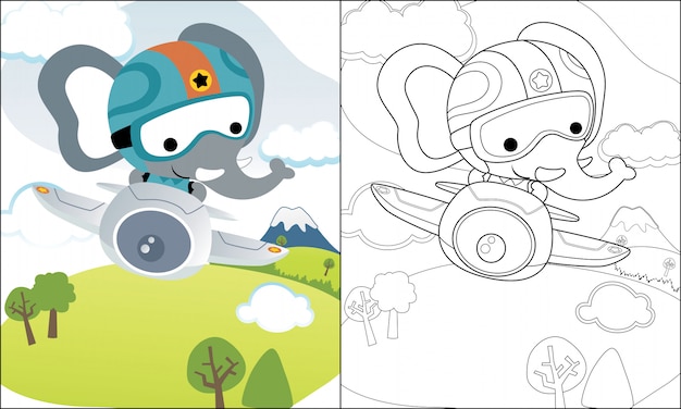 塗り絵や飛行機の面白い象漫画のページ プレミアムベクター