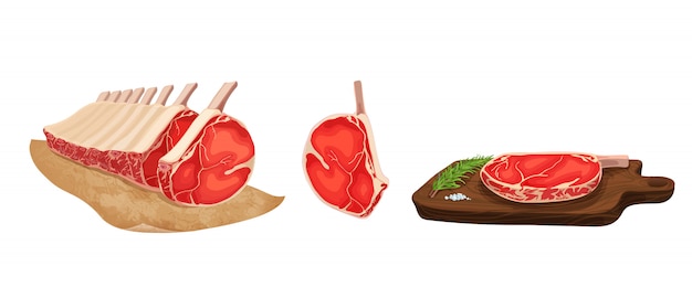 食べ物のベクトルイラスト 様式化された生肉のセットです プレミアムベクター