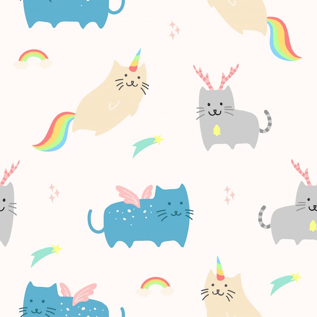 かわいいユニコーン猫動物のシームレスパターンの壁紙 プレミアム