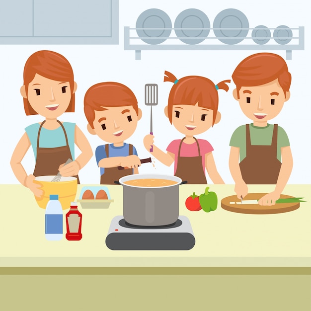 Счастливая семья готовит на кухне в воскресенье утром | Премиум ...