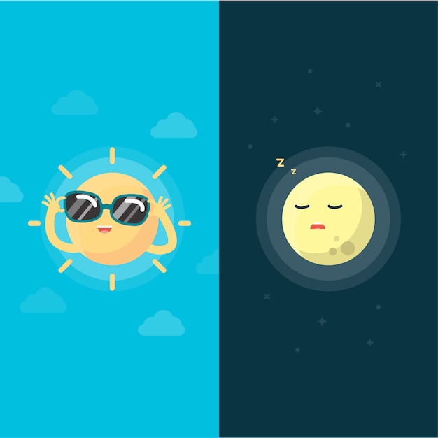幸せな太陽と月 昼と夜のコンセプト ベクトルイラスト
