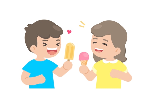 幸せな男の子と女の子がアイスクリームを食べる プレミアムベクター