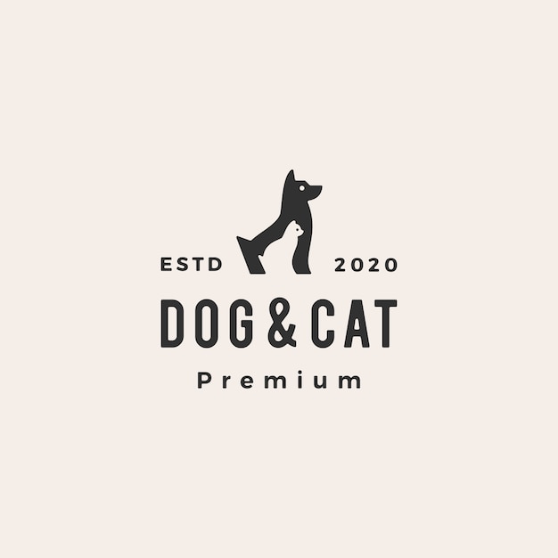 犬猫ペットヒップスターヴィンテージロゴアイコンイラスト プレミアムベクター
