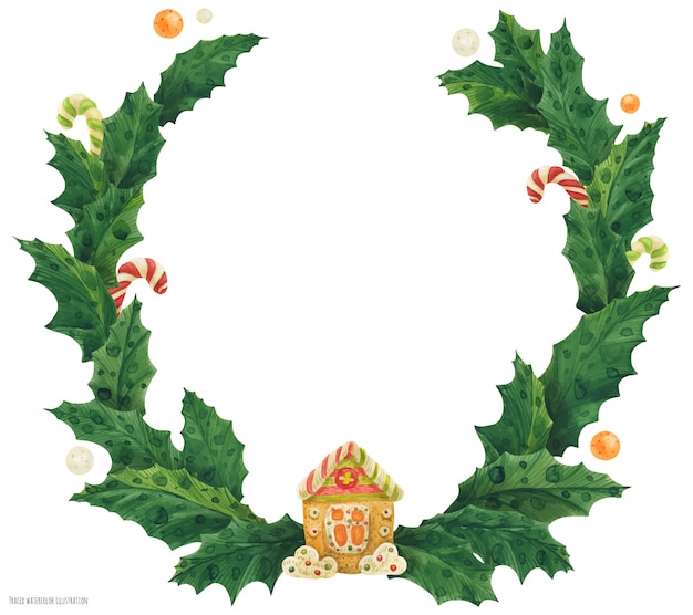 ジンジャーブレッドの家 水彩イラストとクリスマスヒイラギの花輪 プレミアムベクター