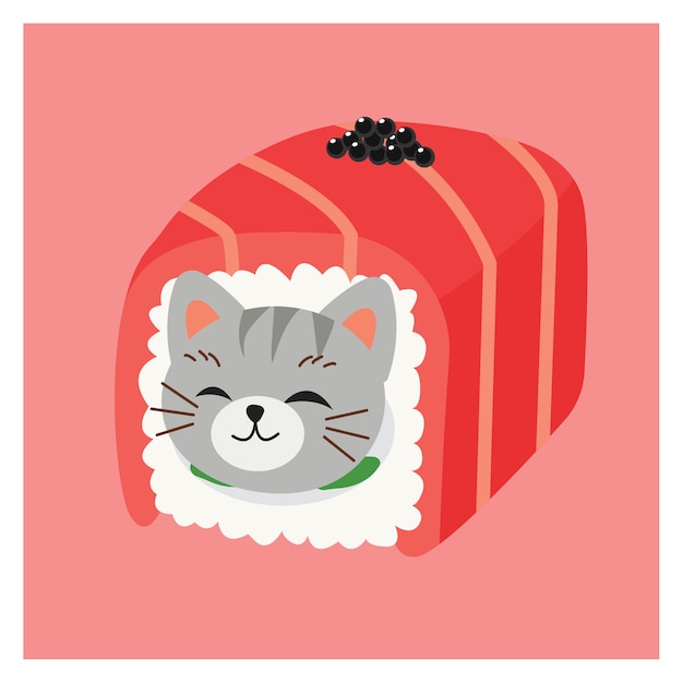 寿司のかわいい子猫猫 日本の巻き寿司 キャビア添えのマグロの
