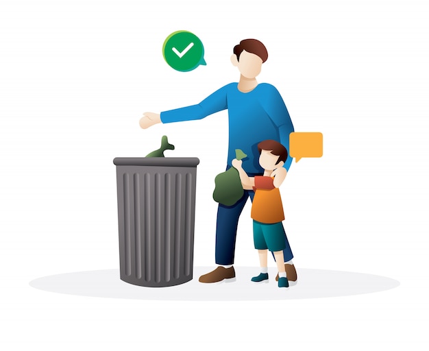 父と幼い息子がゴミをゴミ箱に捨てる プレミアムベクター