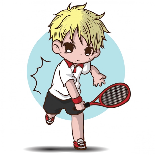 かわいい男の子はテニスの漫画のキャラクターを再生します プレミアムベクター