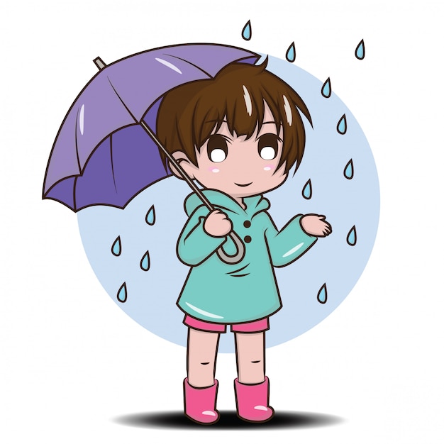 雨の季節に幸せになるかわいい女の子 プレミアムベクター