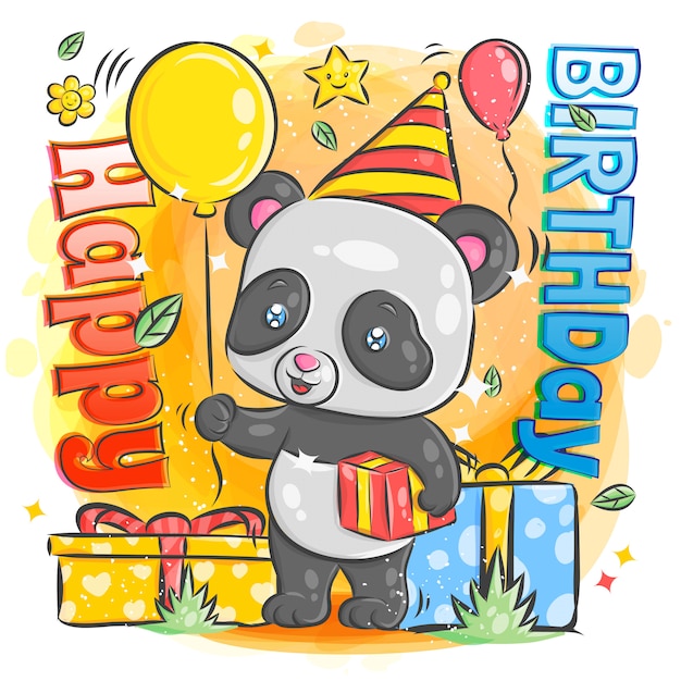 かわいいパンダのお祝いお誕生日おめでとうイラスト プレミアムベクター