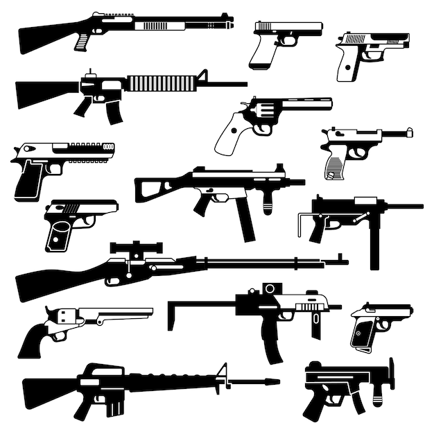 自動銃 拳銃 その他の武器の軍事セット 白黒イラストの分離