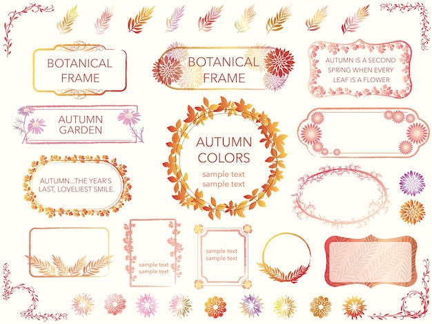 秋の色 ベクトルイラストの花や植物の盛り合わせフレームのセット