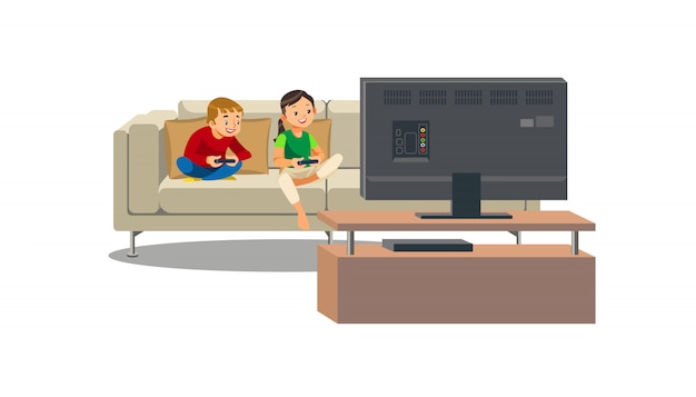 Братья и сестры, играя в видео игры на дому вектор Premium векторы