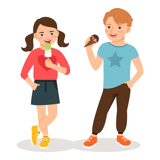 漫画の子供たちがアイスクリームを食べるベクトル図です かわいい男の子と女の子の甘いアイスクリームコーンの分離 プレミアムベクター