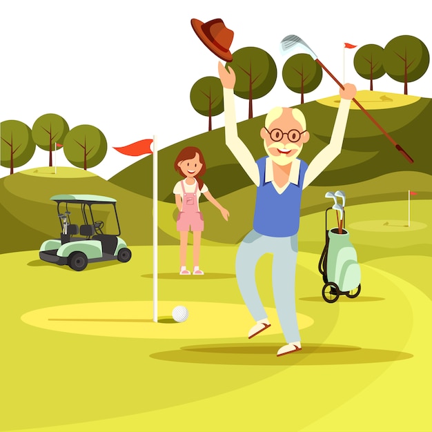 幸せなうれしそうな年配の男性人はグリーンゴルフ場にジャンプします プレミアムベクター