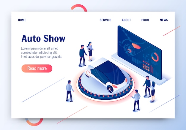 Авто-шоу. люди стоят вокруг электромобиля. Premium векторы