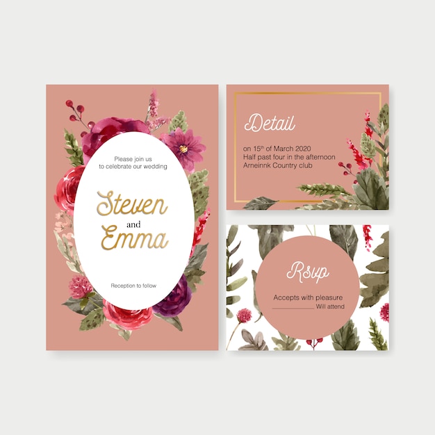 ローワン バラの水彩イラストと花のワインのウェディングカード 無料のベクター