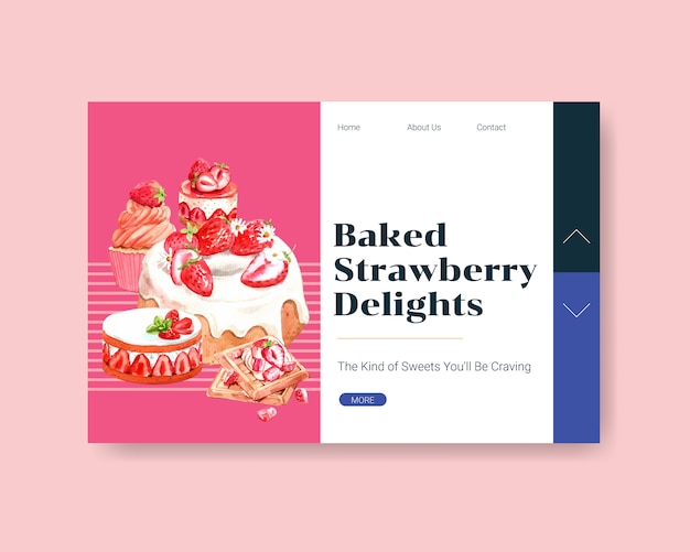 イチゴのインターネット オンラインコミュニティのデザインを焼くと水彩イラストを宣伝するウェブサイトテンプレート 無料のベクター