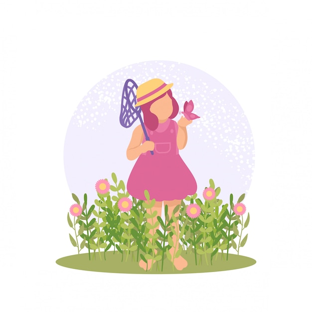 ベクトルイラスト春かわいい女の子遊ぶ蝶 プレミアムベクター