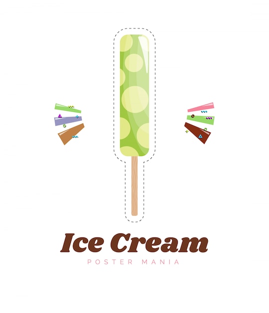 アイスクリームのステッカーまたはバッジ 色バニラアイスクリームデザート 子供のお菓子 スティック漫画イラストのかわいいアイスクリーム プレミアムベクター