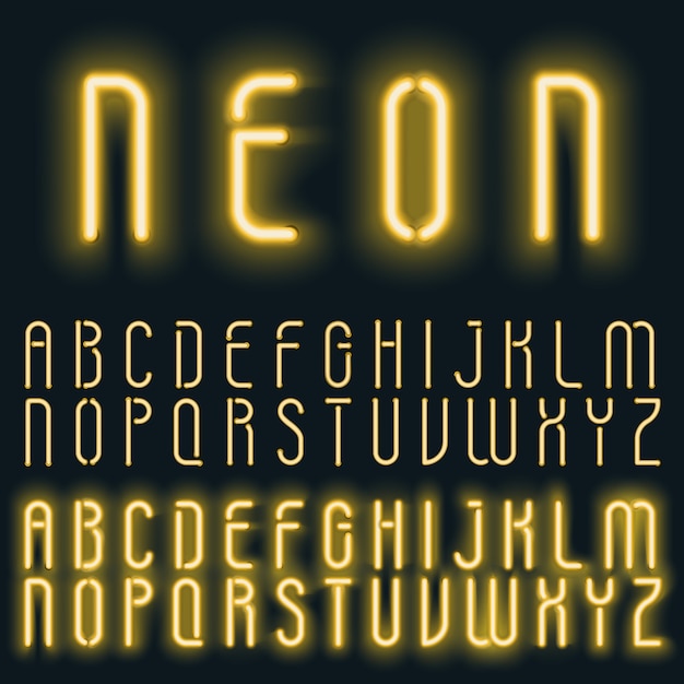 ネオンゴールデンイエローライトアルファベットフォント。輝くテキスト効果。暗い背景にネオン管文字。 | プレミアムベクター