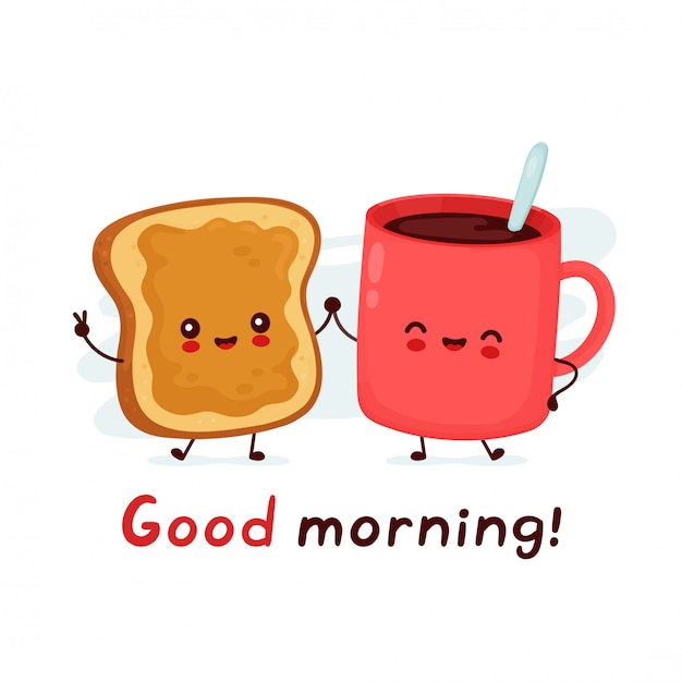 かわいい幸せな面白いコーヒー マグとピーナッツバターでトースト おはようカード 漫画のキャラクターイラストアイコンデザイン 分離されました プレミアムベクター