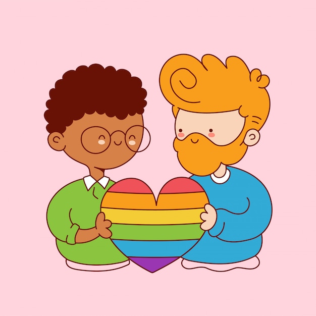 かわいい面白い若い同性愛者のカップルは レインボーハートを保持します 漫画キャラクターイラストアイコンデザイン 白い背景で隔離 プレミアムベクター