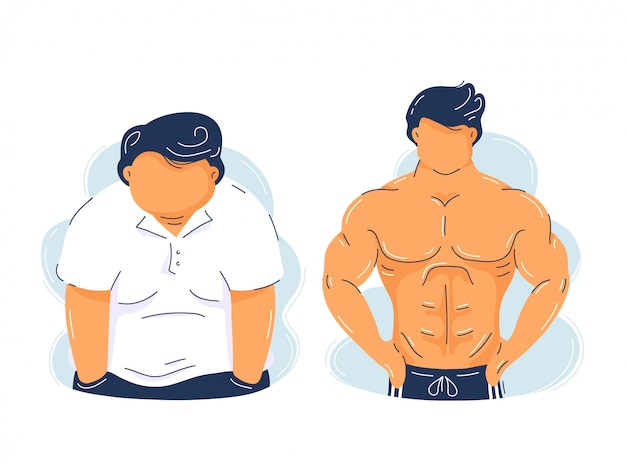 脂肪肥満と強いフィットネス筋肉男 トレンディなフラットイラスト文字 白い背景で隔離 ボディービルの筋肉が成長する 概念の前後 プレミアムベクター