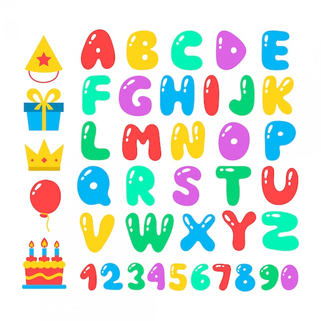 お誕生日おめでとう漫画アルファベットセット 気球フォント 誕生日のアイコンを設定します お祝いのための平らな要素 図および手紙 白で隔離 プレミアムベクター