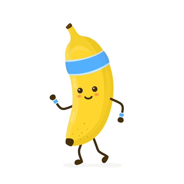 かわいい笑顔幸せな強いバナナを実行しています フラット漫画キャラ