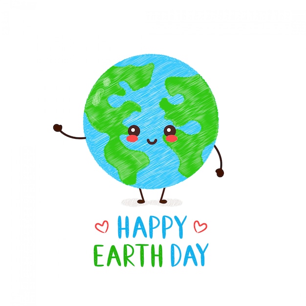 かわいい幸せな笑顔かわいい地球惑星 幸せな地球の日カード 手描きの