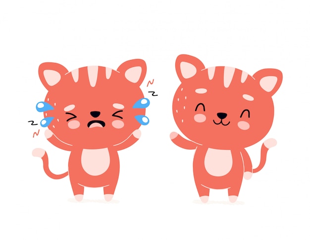 かわいい幸せな笑顔の猫と悲しい叫び文字 モダンなトレンディなフラットスタイル漫画イラストアイコン 白で隔離 猫 子猫の健康で不健康なキャラクター プレミアムベクター