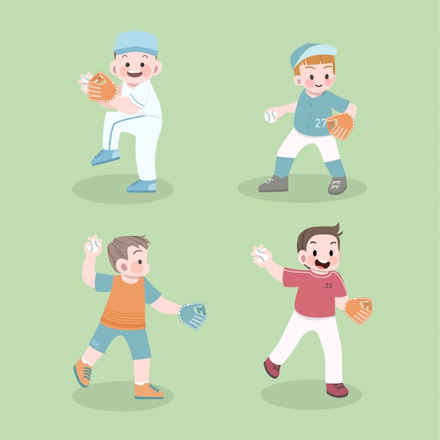 かわいい子供たちのスポーツ野球イラストセット プレミアムベクター