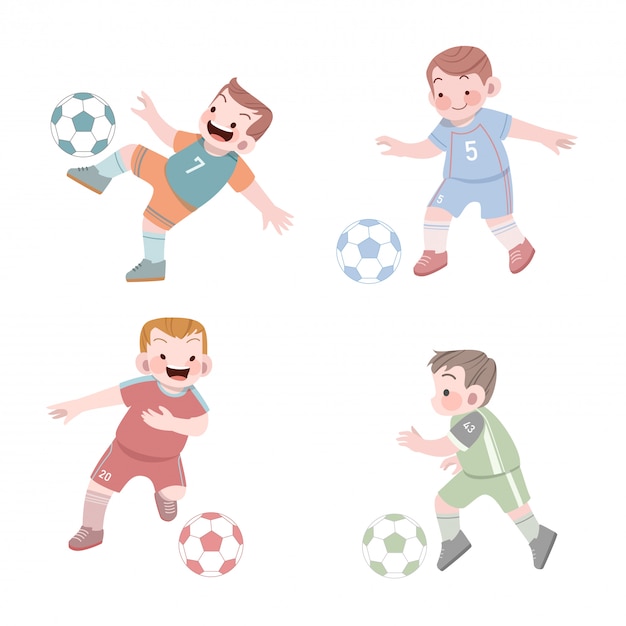 かわいい子供たちのスポーツサッカーイラストセット プレミアムベクター