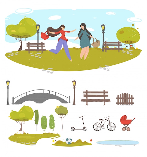 夏の都市公園 作成の要素のセットを歩いてカップルガールフレンド プレミアムベクター