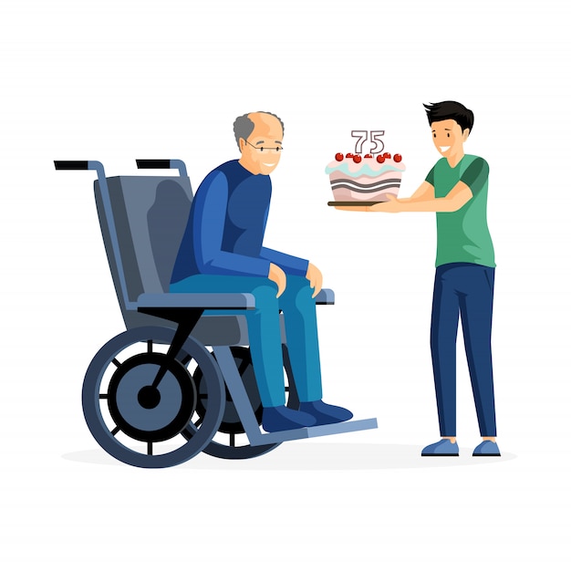 周年記念お祝いフラットイラスト 車椅子とケーキの漫画のキャラクター