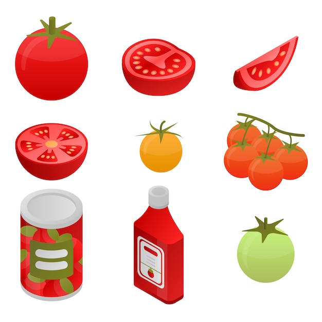 トマトのアイコンセット アイソメ図スタイル プレミアムベクター