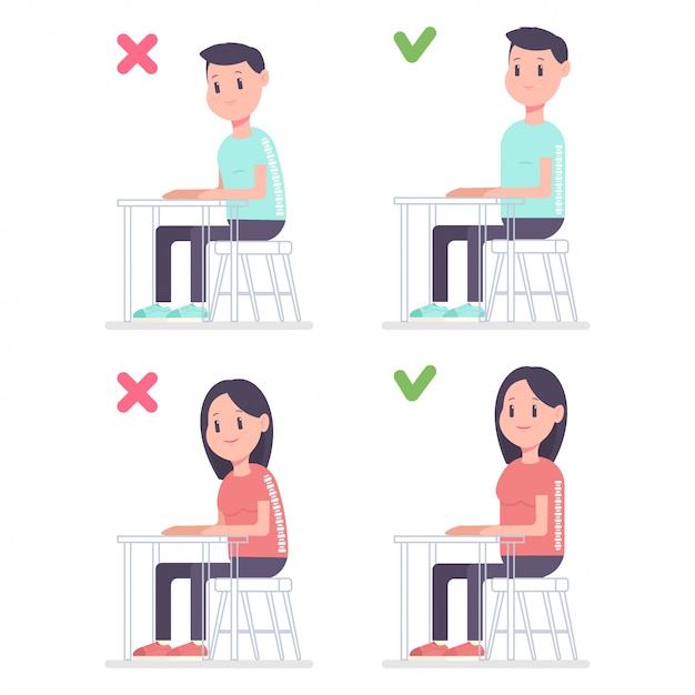 男と女の机の上の正しい位置と間違った位置に座って正しい姿勢ベクトル