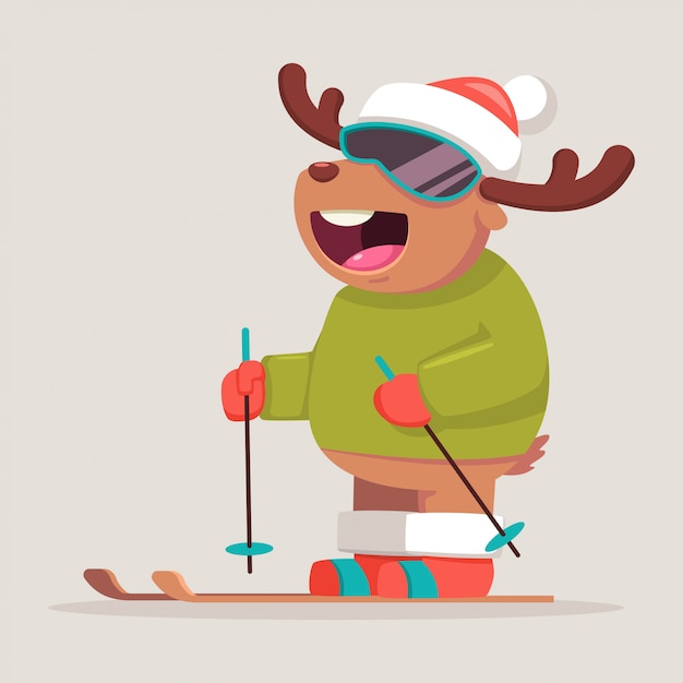 サンタの帽子でスキーかわいいトナカイの漫画のキャラクター 冬の