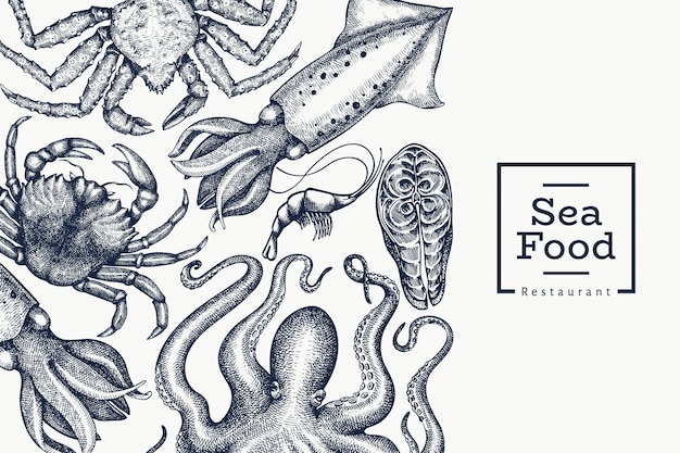 シーフードデザインテンプレート 手描きのシーフードイラスト 刻まれたスタイルの食べ物 レトロな海の動物の背景 プレミアムベクター