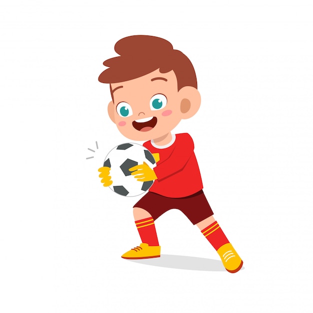 幸せな子供の少年がゴールキーパーとしてサッカーをする Premiumベクター