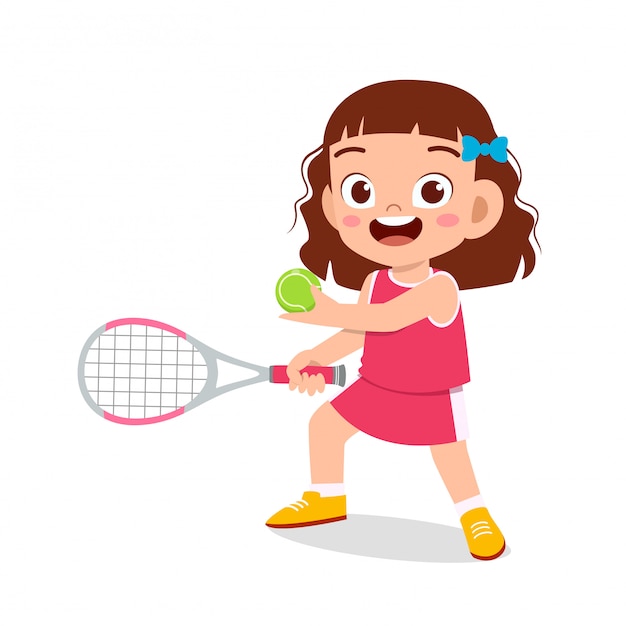 幸せなかわいい子供女の子プレイテニス プレミアムベクター