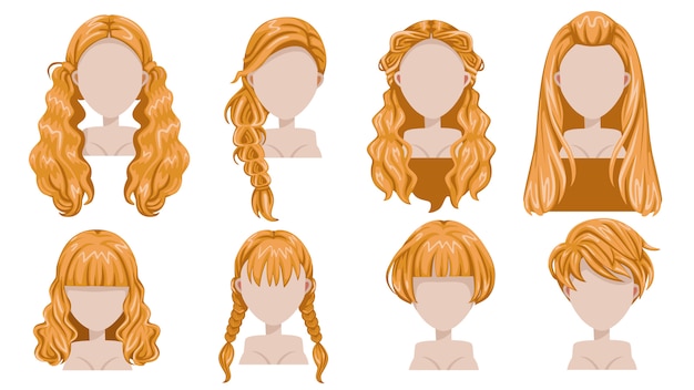 品揃えのための女性現代ファッションのブロンドの髪。長い髪、短い髪、巻き毛のトレンディな散髪アイコンを設定。 Premiumベクター