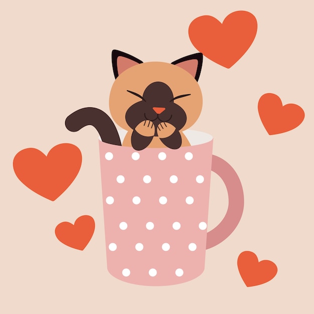 ピンクの水玉カップに座っているかわいい猫のキャラクター プレミアムベクター