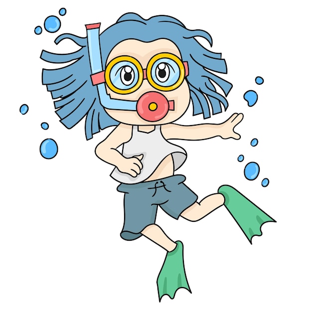 子供が水に飛び込んでいます 漫画イラストステッカー絵文字 プレミアムベクター